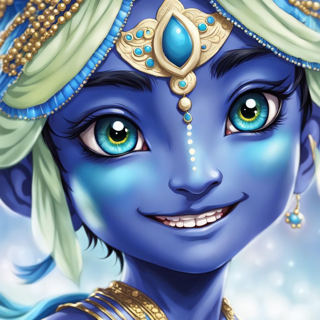 Chibi Krishna Portrait: Blue-Skinned Smiling Boy