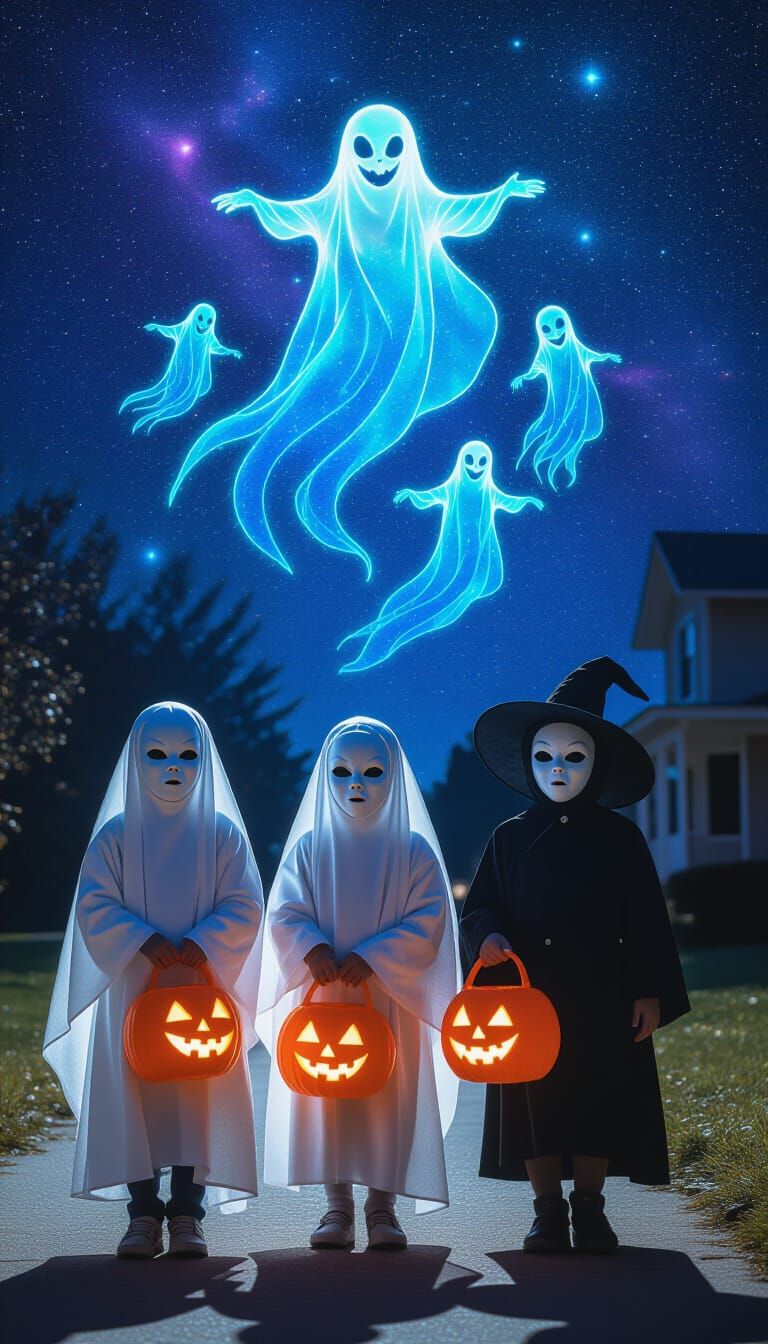Halloween Night: Children in 70s Costumes Trick or Treat Und...