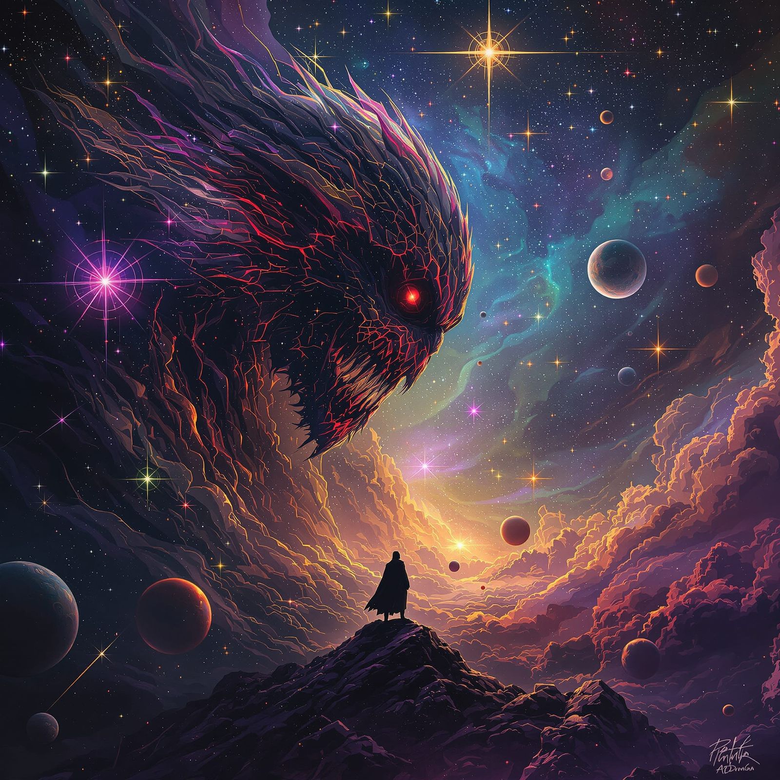 Holographic Astral Cosmic Illustration in Grimdark Style