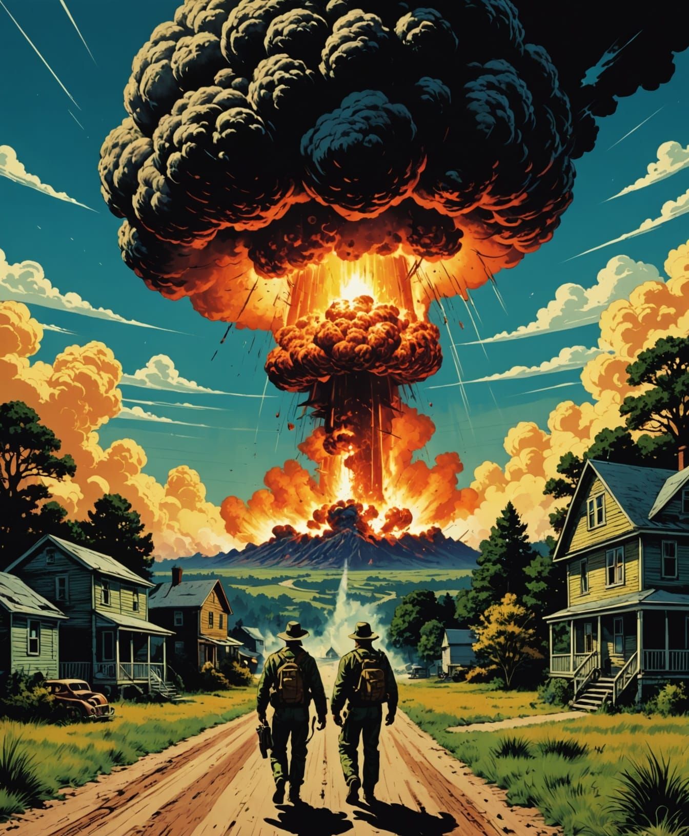 Retro Horror Scene with Atom Bomb Explosion in the Distance