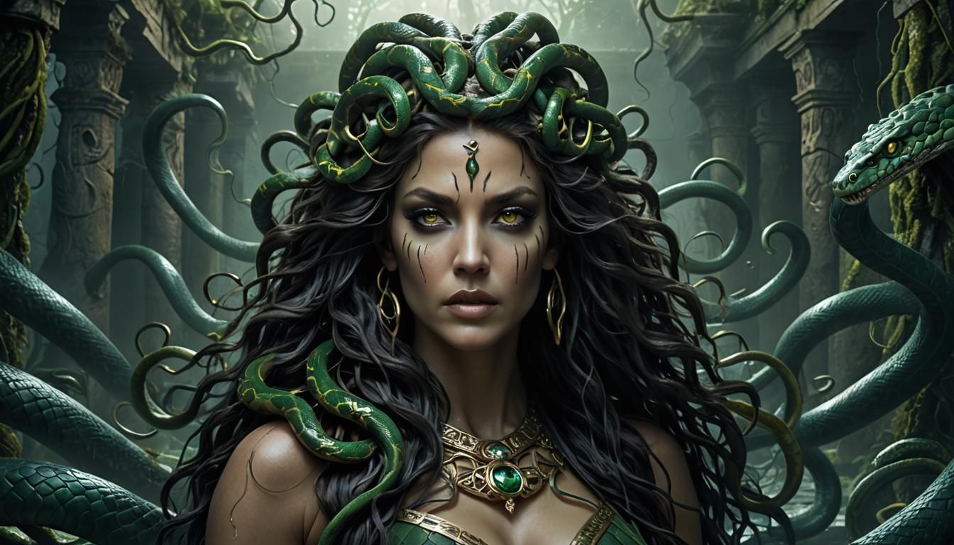 Medusa Enchantress in Eerie Ruins: Dark Fantasy Art