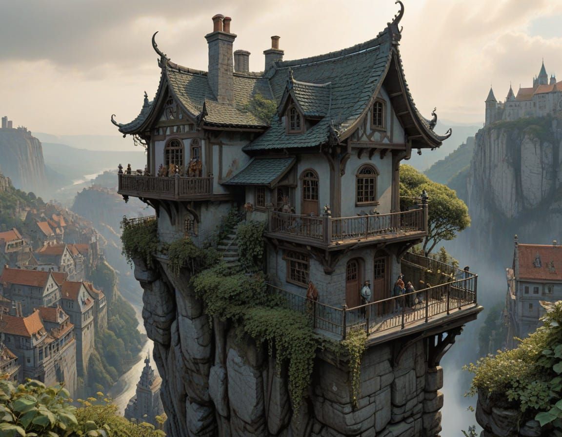 Intricately Detailed Roofscape in Whimsical Style