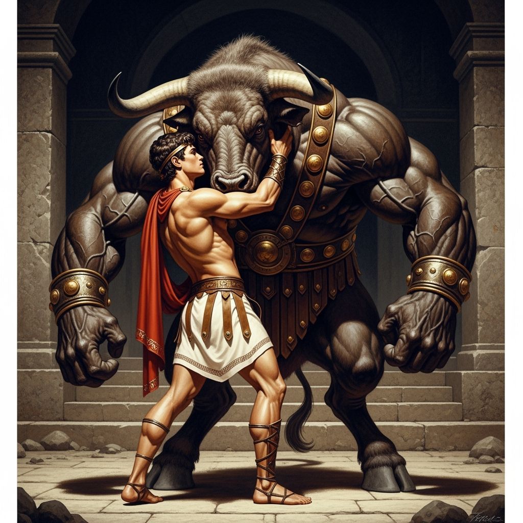 Ancient Greek Hero Embraces Mighty Minotaur in Labyrinth