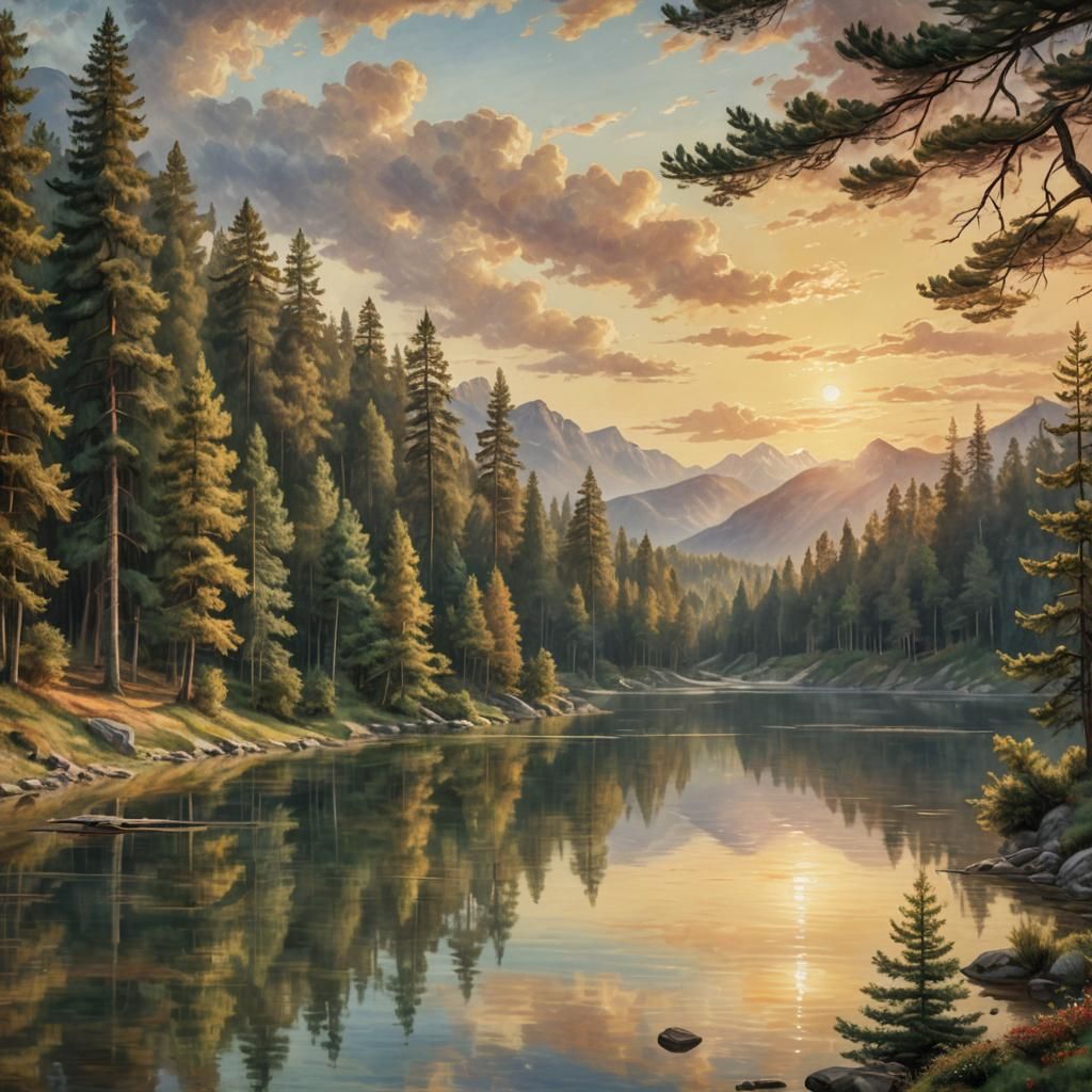 Mountain Lake Sunset in Impressionistic Style