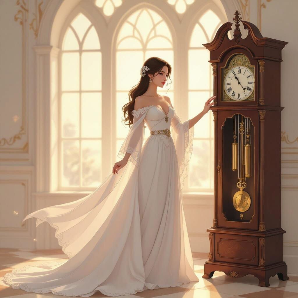 Elegant Woman Beside Clock, Miyazaki and Waterhouse Style