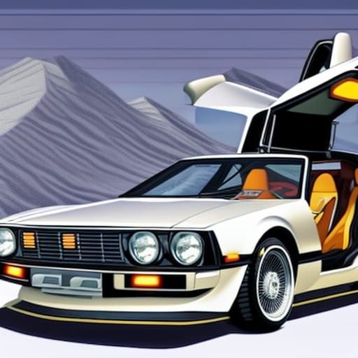 Dragon Driving DeLorean Time Machine in Cityscape