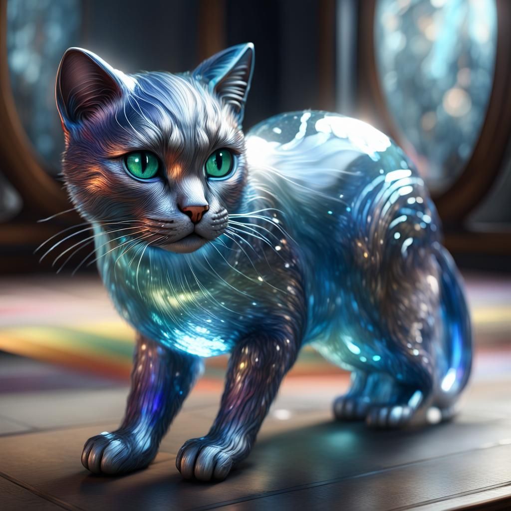 Cracked Glass Blue Cat in Art Deco Style