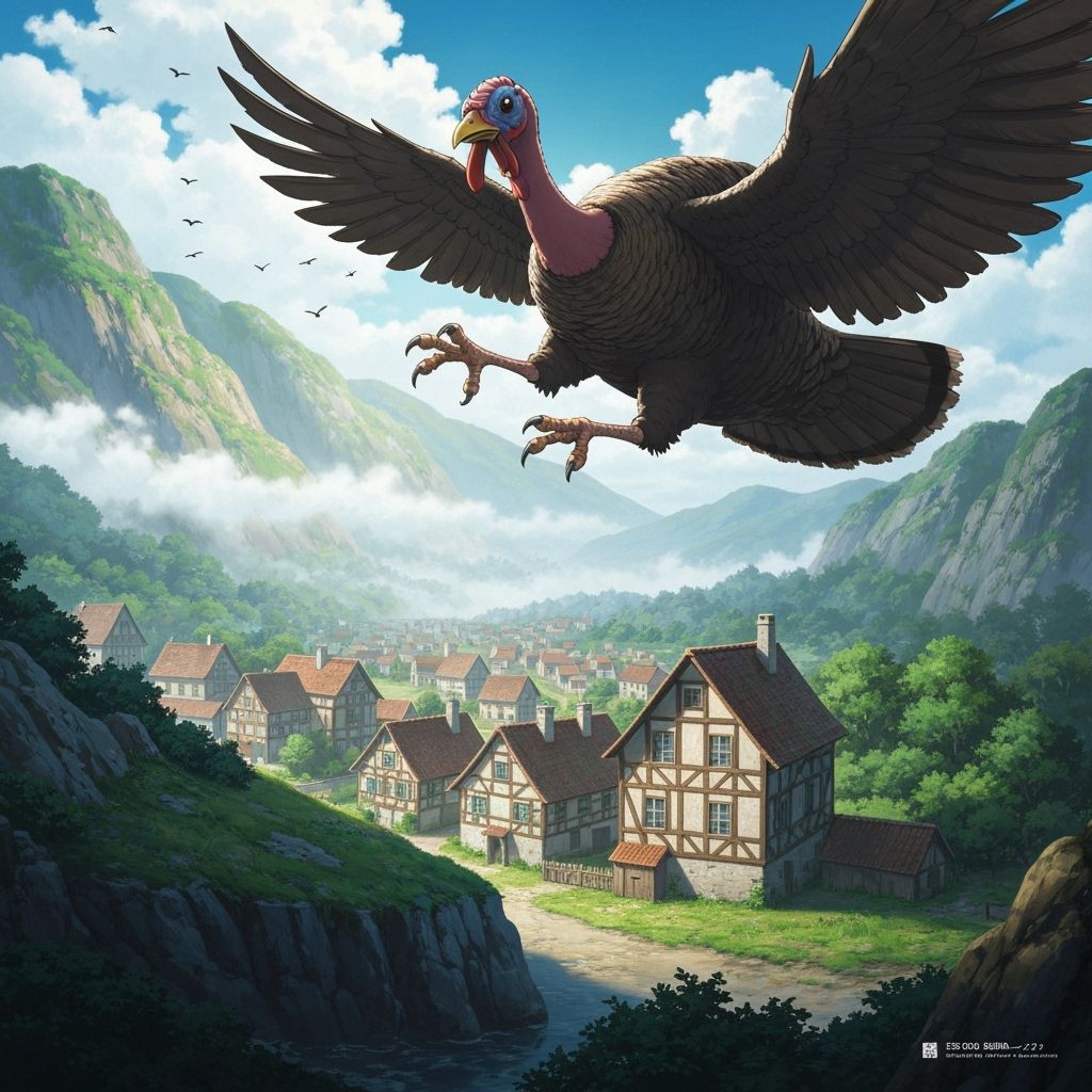 Giant Turkey Attacks European Village in Anime Style