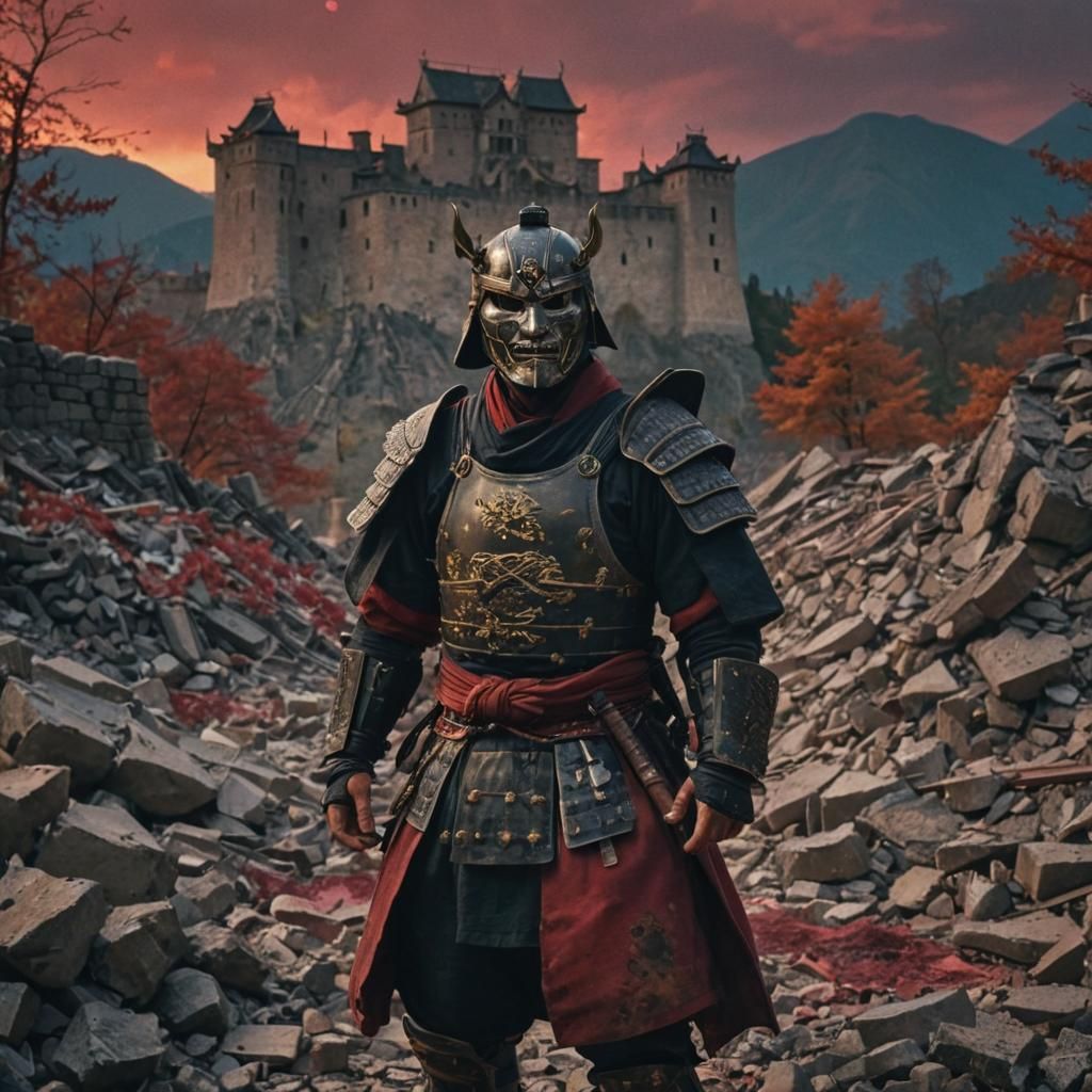 Samurai in Rubble Under Fiery Sky: Cinematic Still