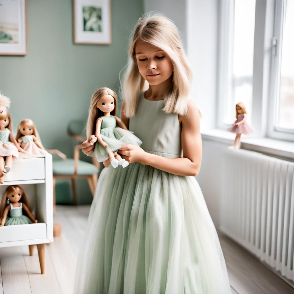 Girl in Green Dress Plays with Dolls