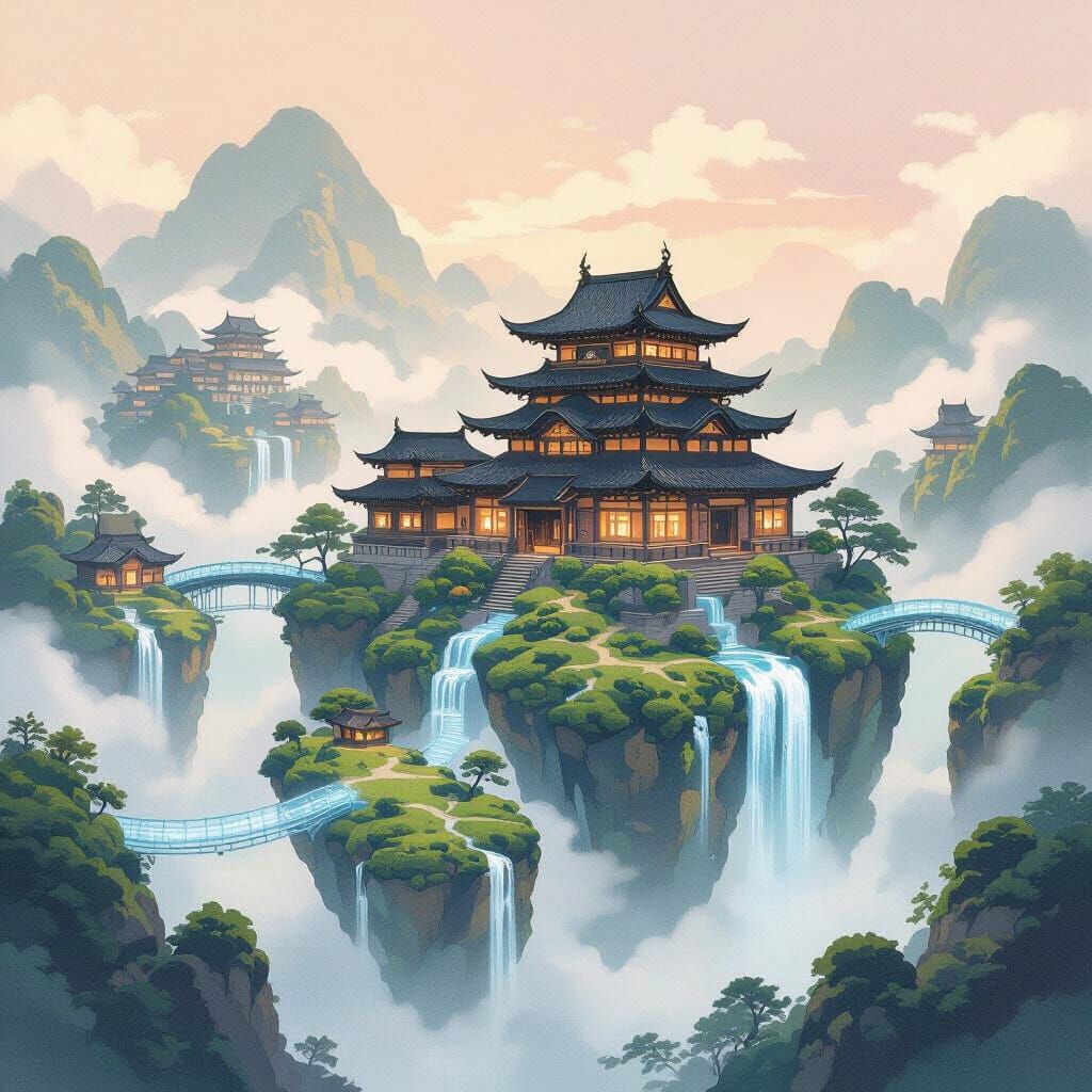 Floating Islands Monastery Connected by Energy Bridges in Su...