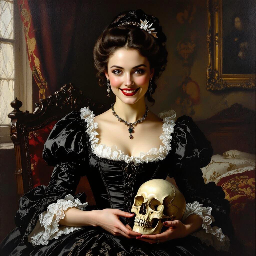 Baroque Woman with Skull: Dramatic Oil Painting