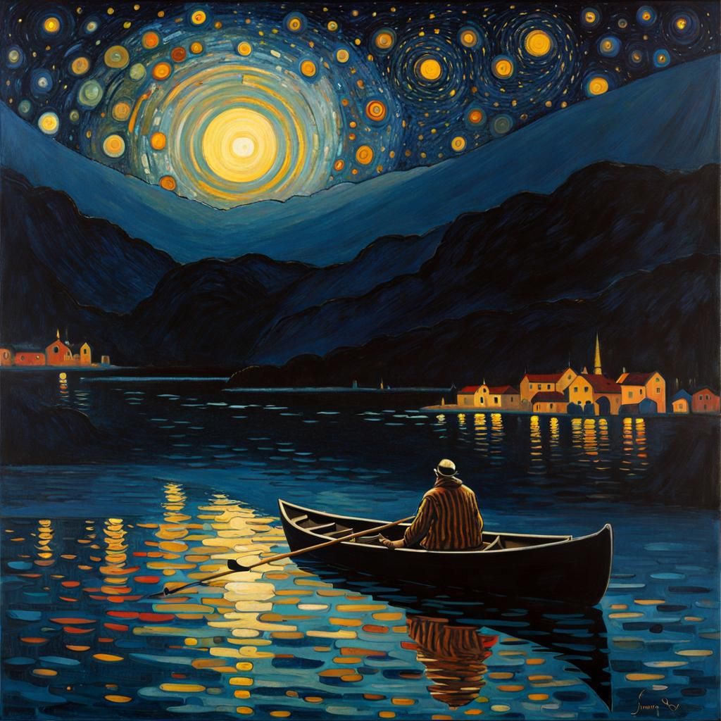 Nocturnal Voyage: Cloaked Figure in Boat, Art Nouveau Style