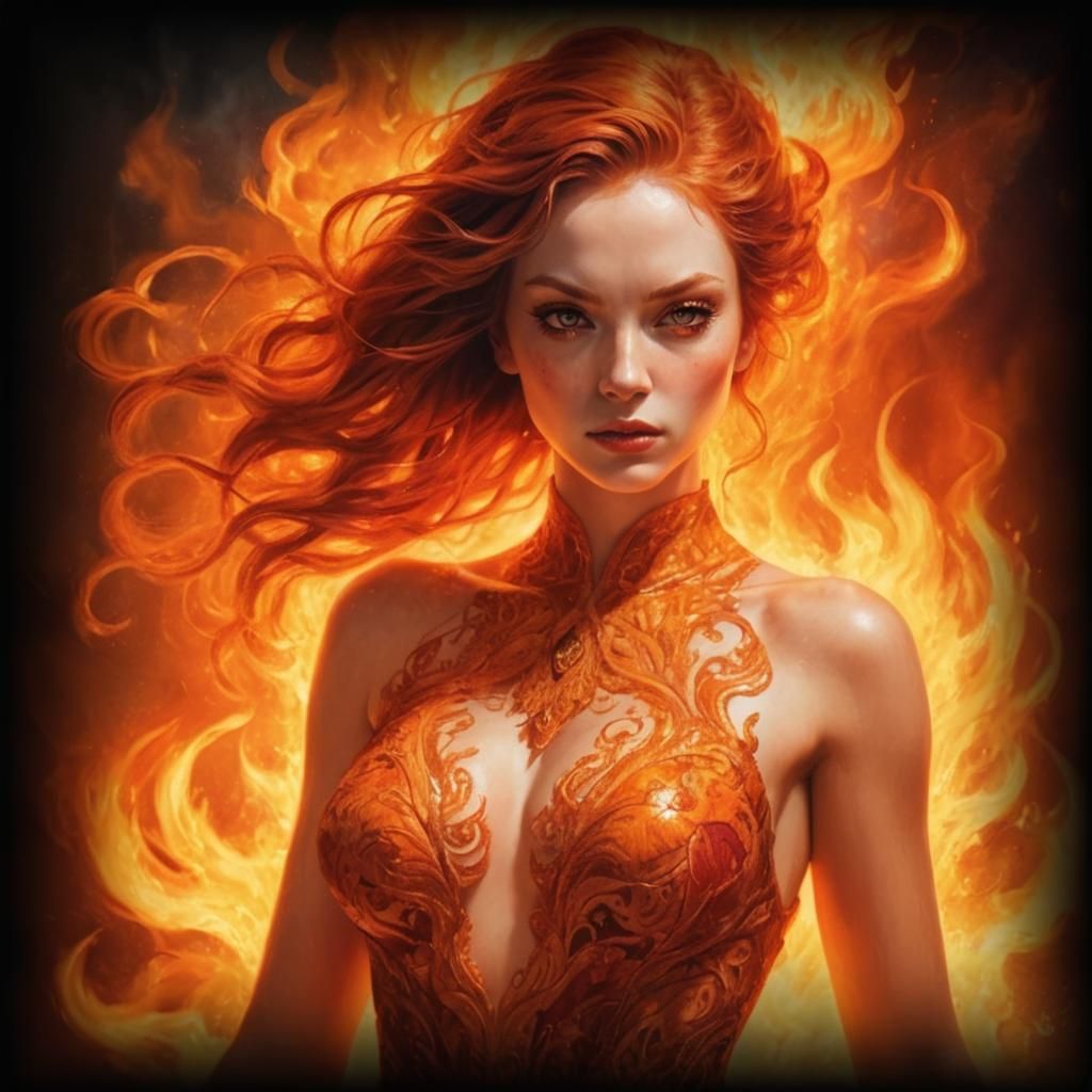Fiery Red-Haired Woman Engulfed in Flames