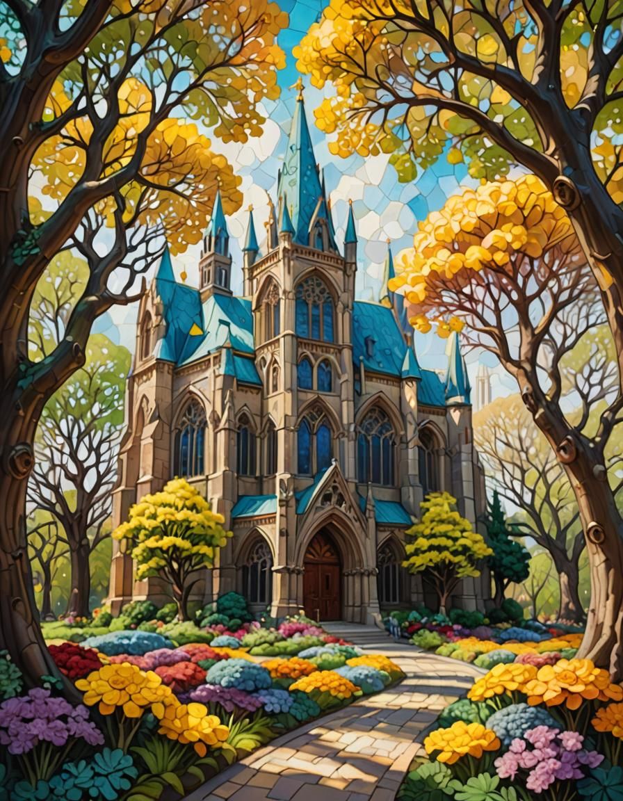 Fantasy Cathedral with Stained Glass in Impressionist Style