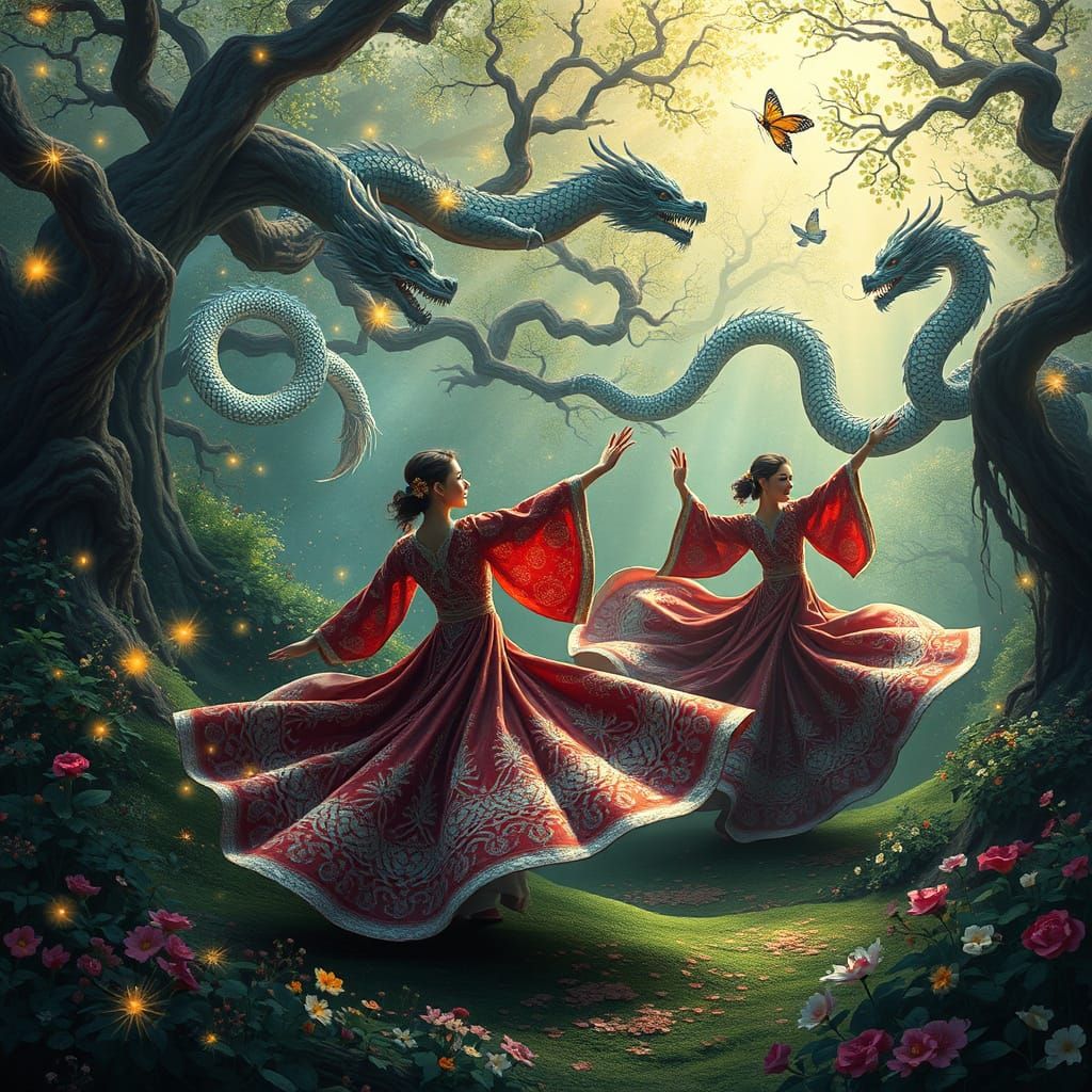Whirling Dervishes in a Dreamlike Garden with Majestic Chine...