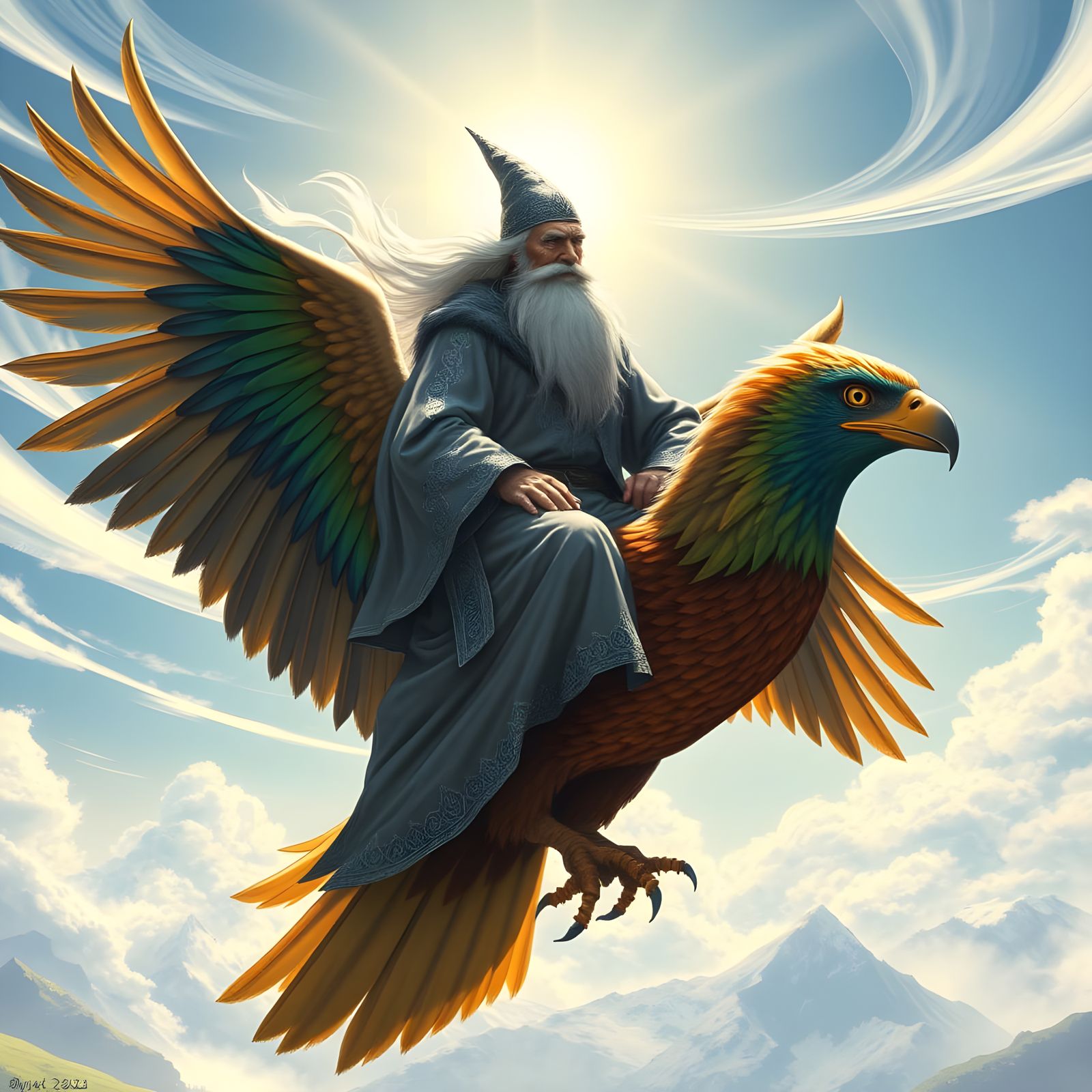 Gandalf Takes Flight on a Majestic Eagle in Vibrant Color
