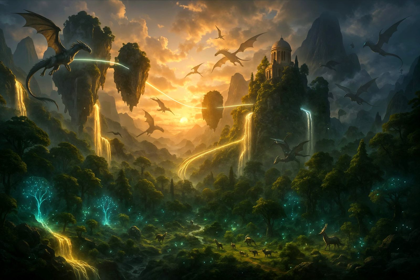 Fantasy World with Floating Islands and Dragons