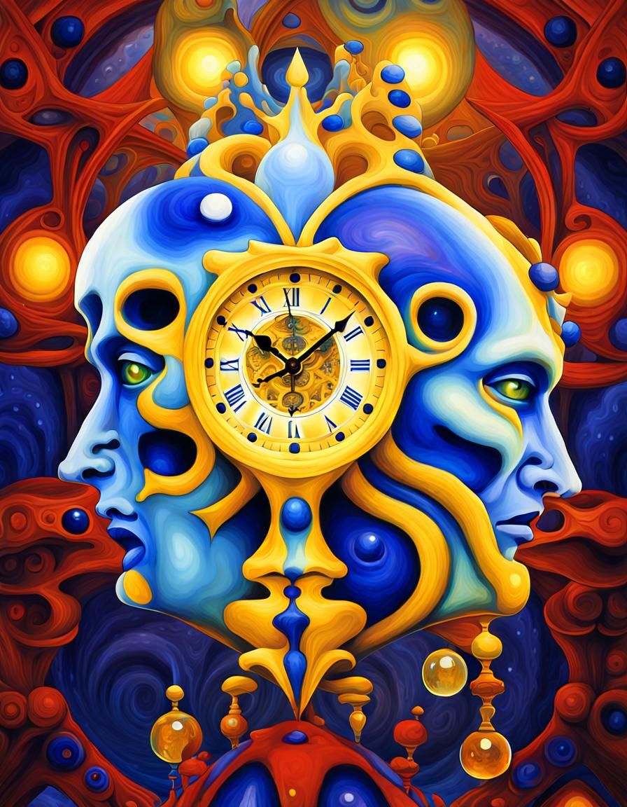 Two yellow jesters with lapiz lazuli cristal clock heads, Me...