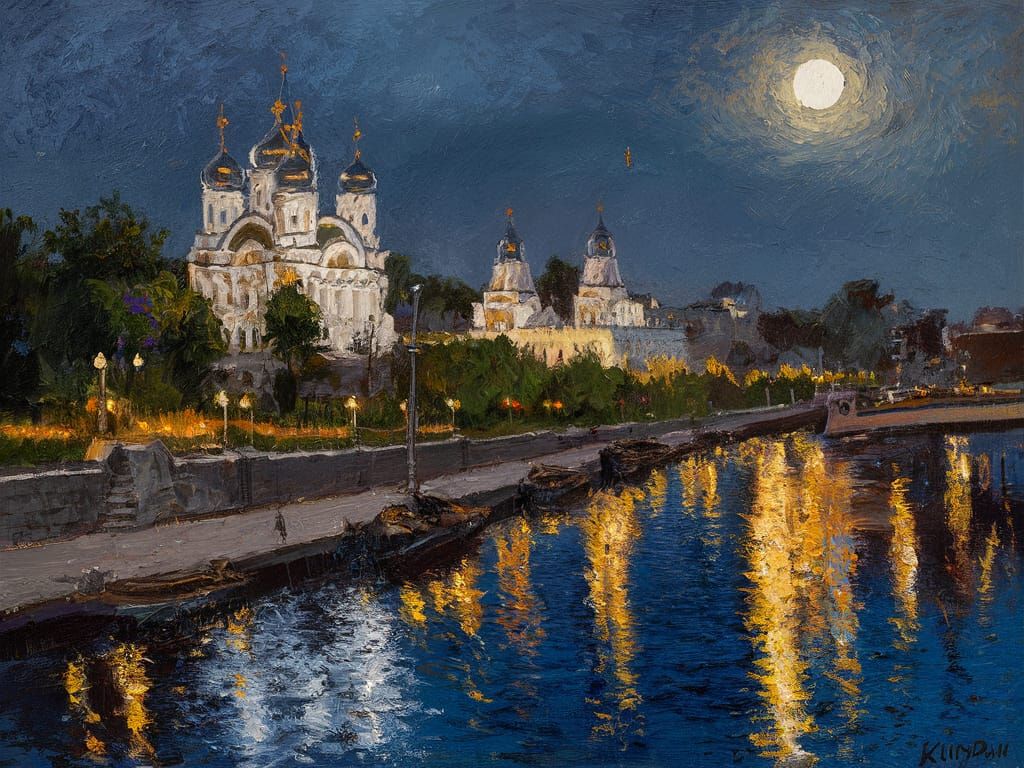 Moonlit Dnieper River in Textured Oil Painting Style