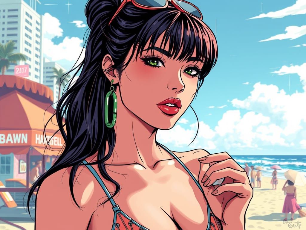 Glamorous Bikini Beauty in Anime-Inspired Cyberpunk Metropol...