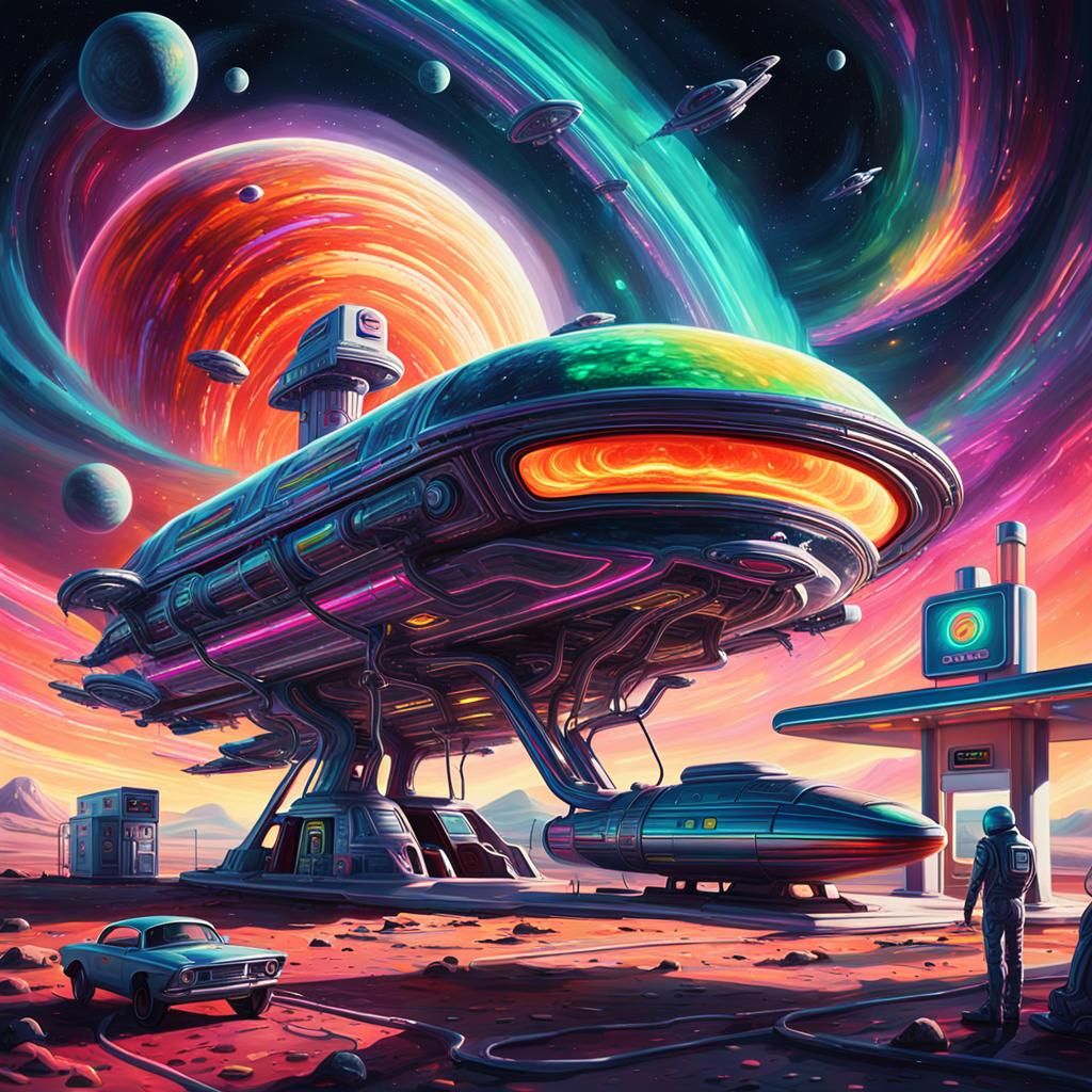 Alien Refuels Spaceship: Surreal Sci-Fi Art
