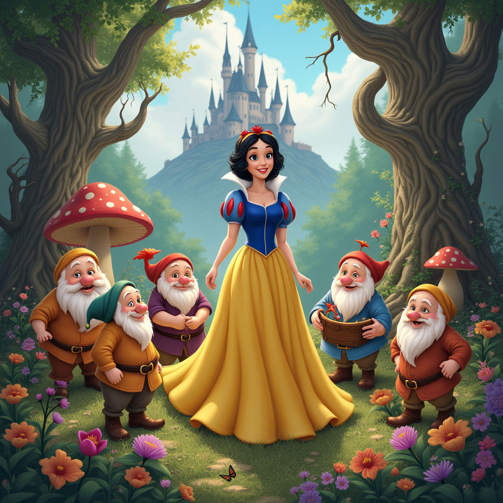 Snow White and Dwarfs in Whimsical Forest Art