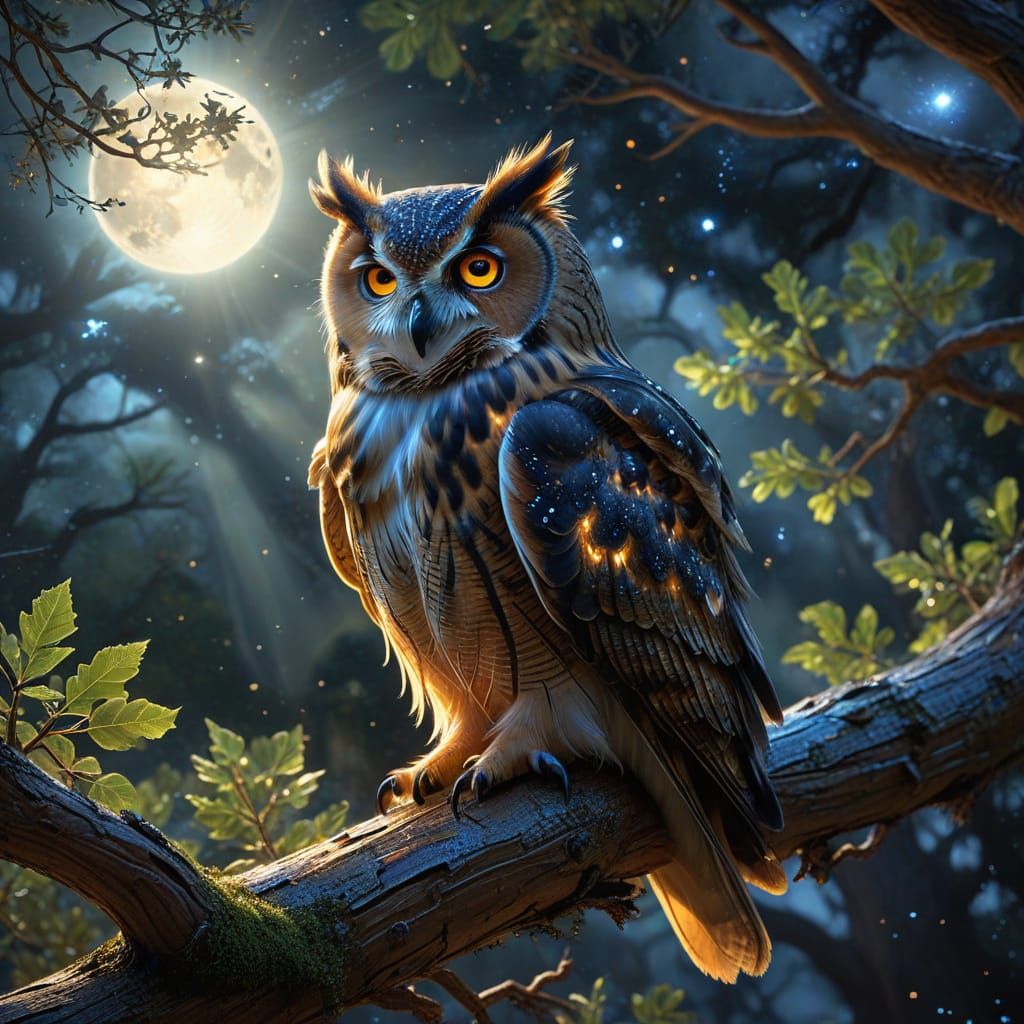 Celestial Owl on Ancient Oak Tree, Digital Painting
