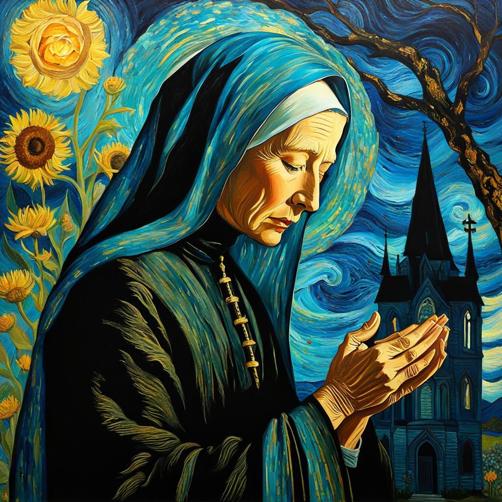 Older Woman Praying in Van Gogh Style