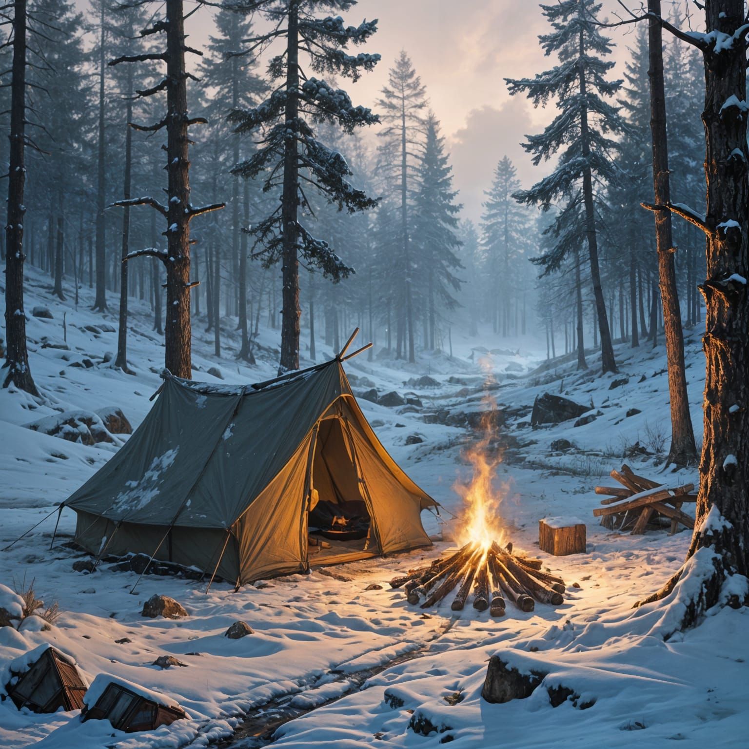 Enchanted Winter Campsite in Snowy Wilderness