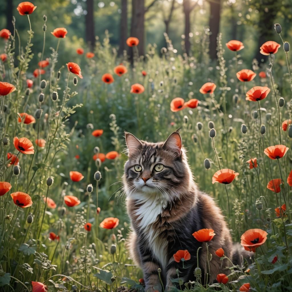 Idyllic Poppy Field Cottage Scene with Cat