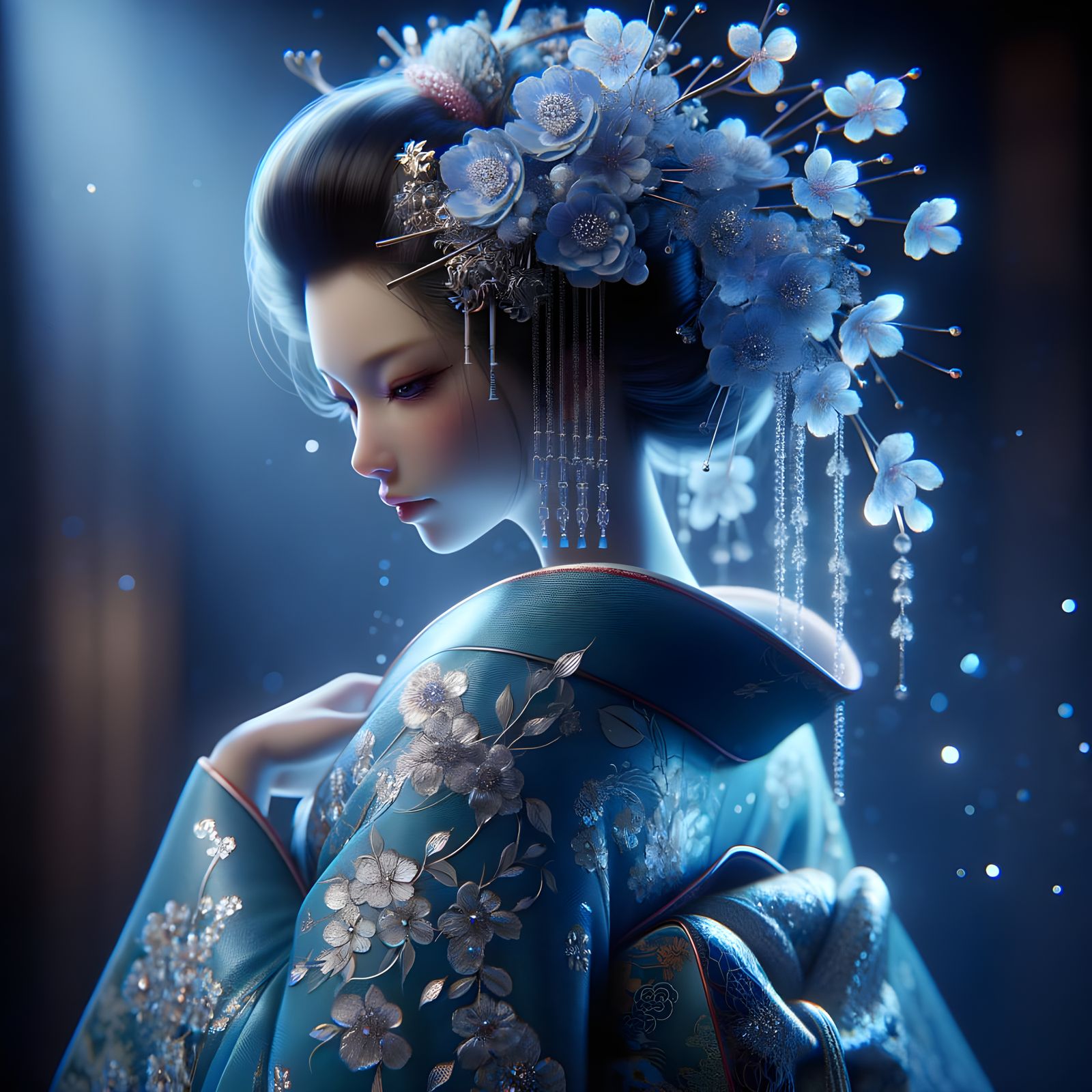 Ethereal Geisha in Sapphire Kimono: Detailed Concept Art
