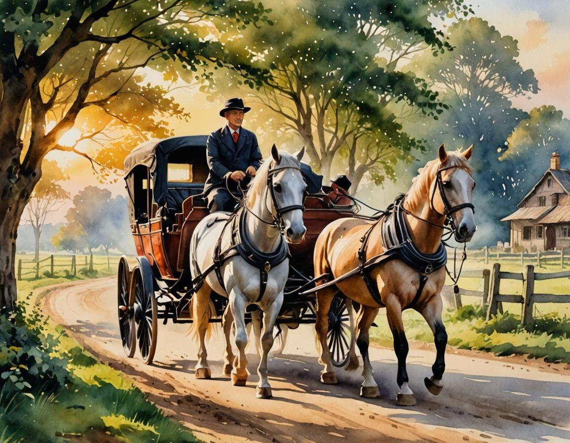 Horse and Carriage at Sunrise in Watercolor Style