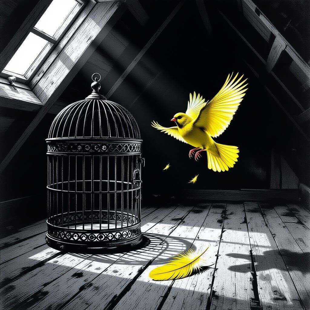 Canary Escapes Ornate Cage in Dusty Attic