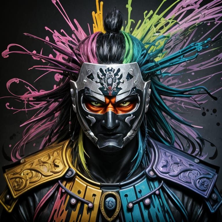Epic Samurai Mask in Graffiti Art Style