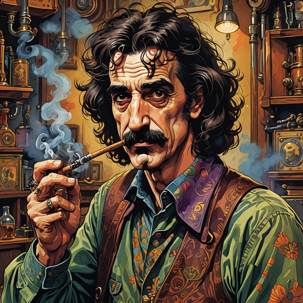 Frank Zappa Smoking Pipes in Comic Book Style