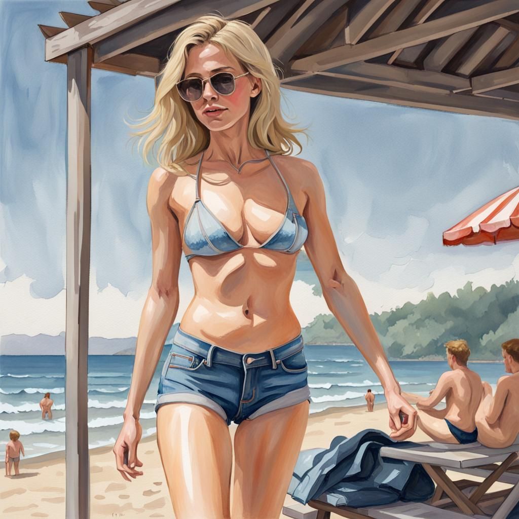 Blonde Woman in Bikini Top: Gouache Painting