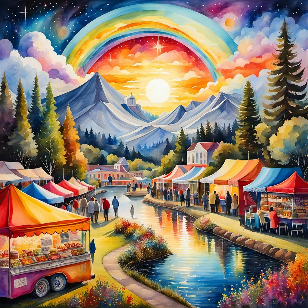 Colorful Food Truck Festival in Park, High Fantasy Art