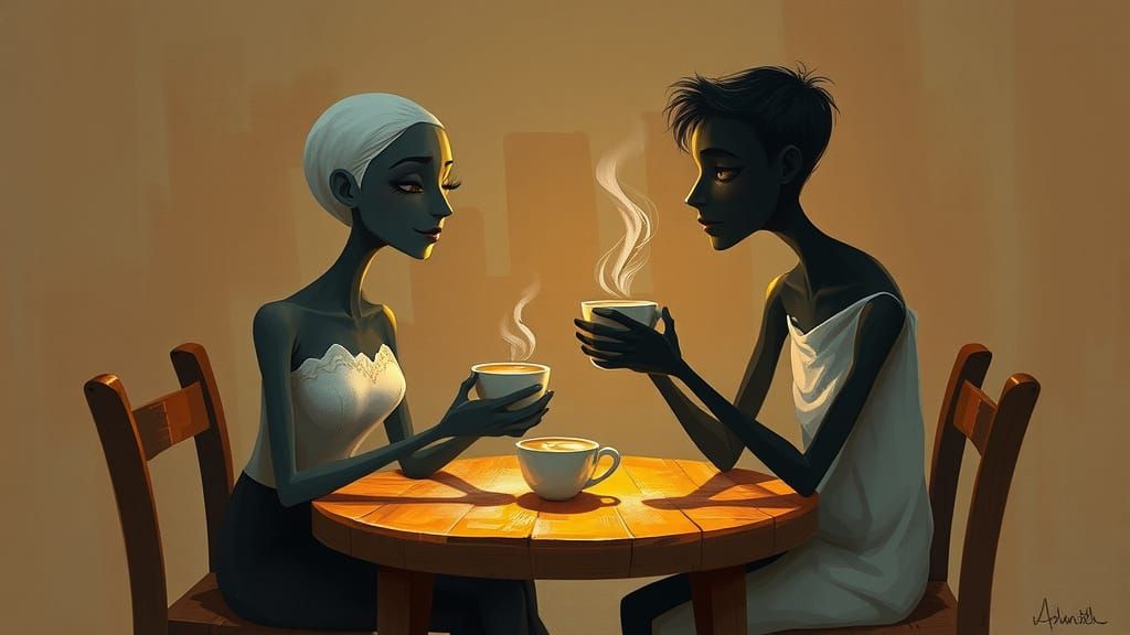 Radiant Woman and Shadowy Man Share Coffee in Whimsical, Fan...