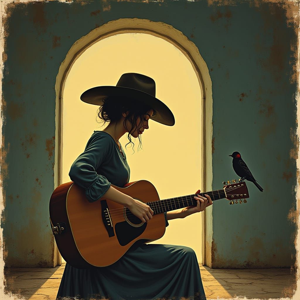 Lonely Guitarist with White Bird on Stage