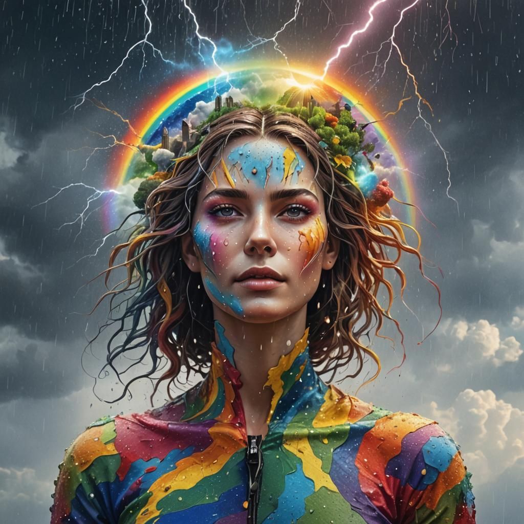 Rainbow Earth Held by Woman in Abstract Art