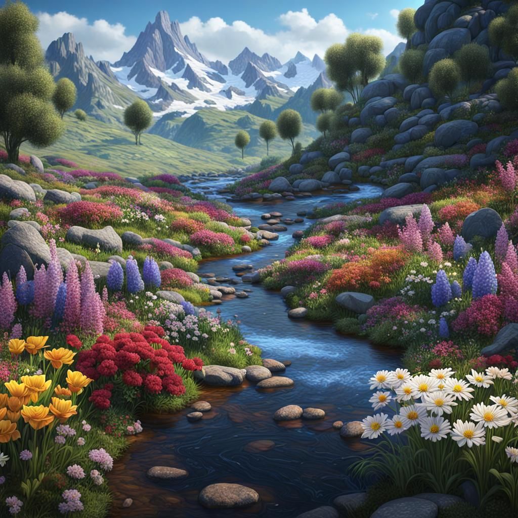 Fantastical Mountain Landscape in Patchwork Style