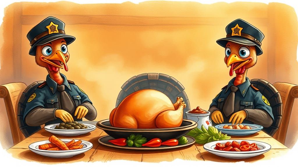 Cartoon Turkey Guards' Thanksgiving Feast in Watercolor