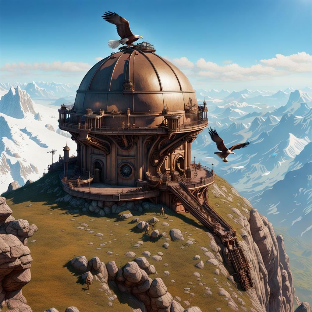 Giant Eagles Attack Andes Observatory in Steampunk Style