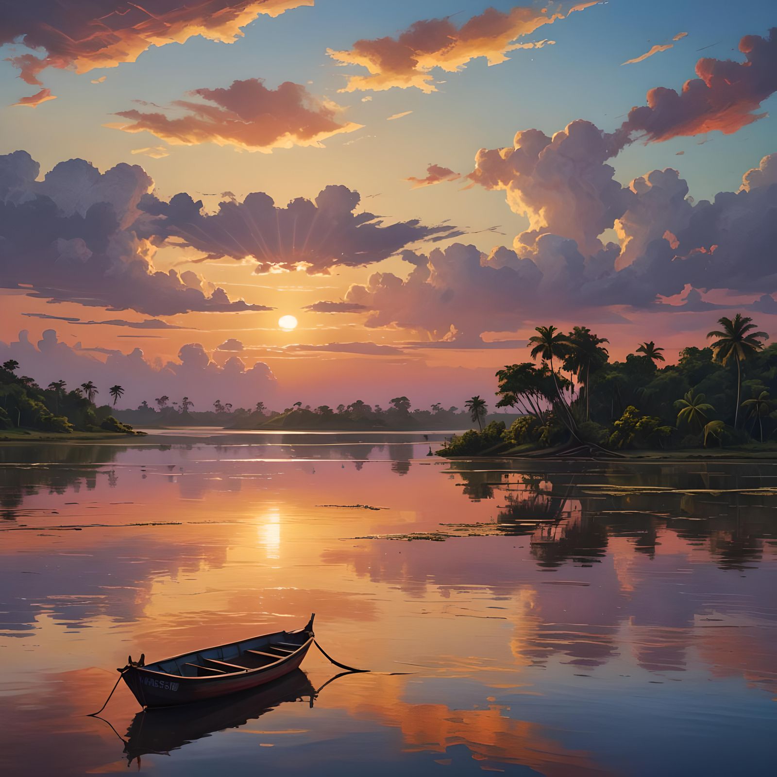 Lonely Fishing Boat at Sunset: Hyperrealistic Digital Painti...
