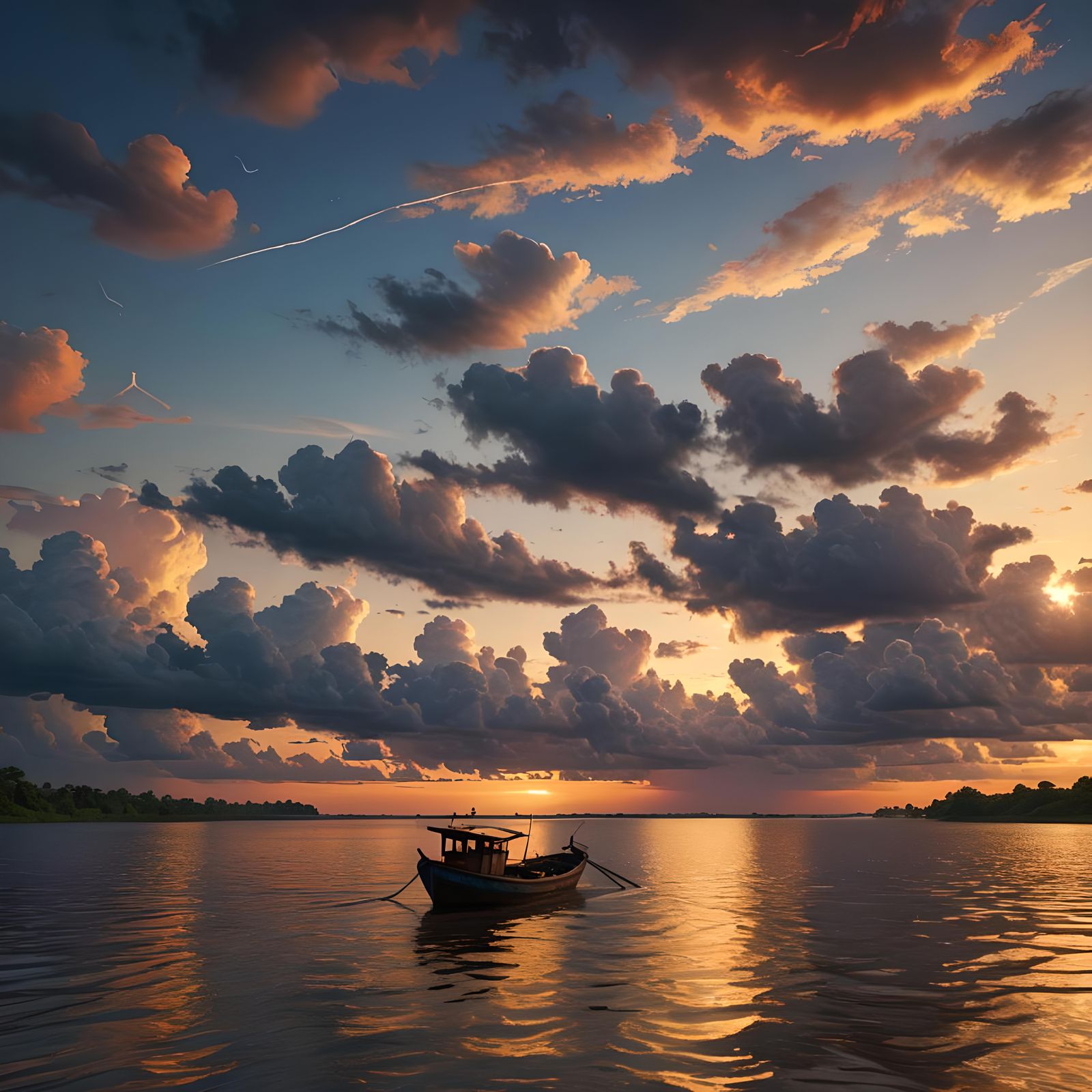 Orinoco River Sunset: Lonely Boat in Hyperrealism