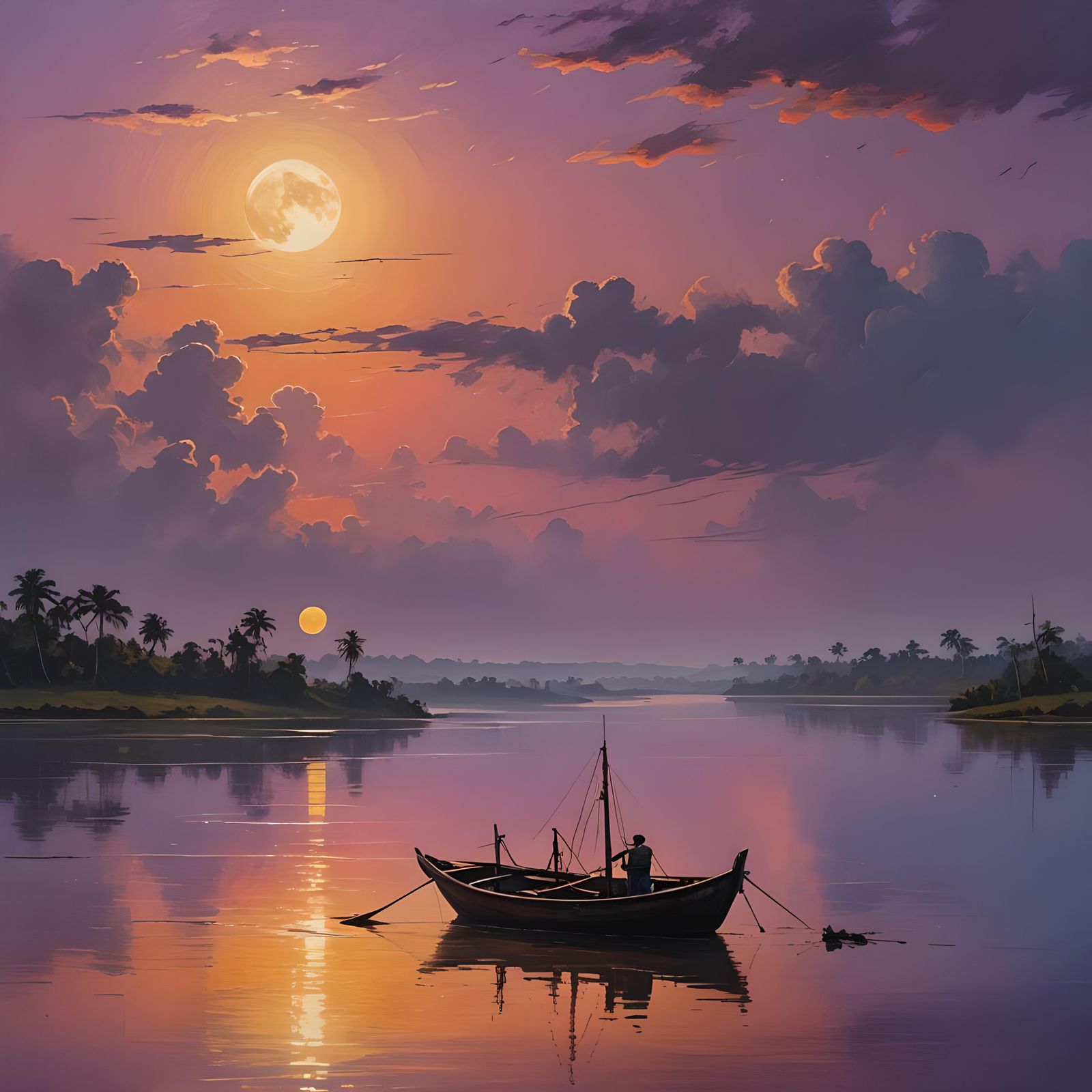 Fishing Boat at Sunset on Orinoco River