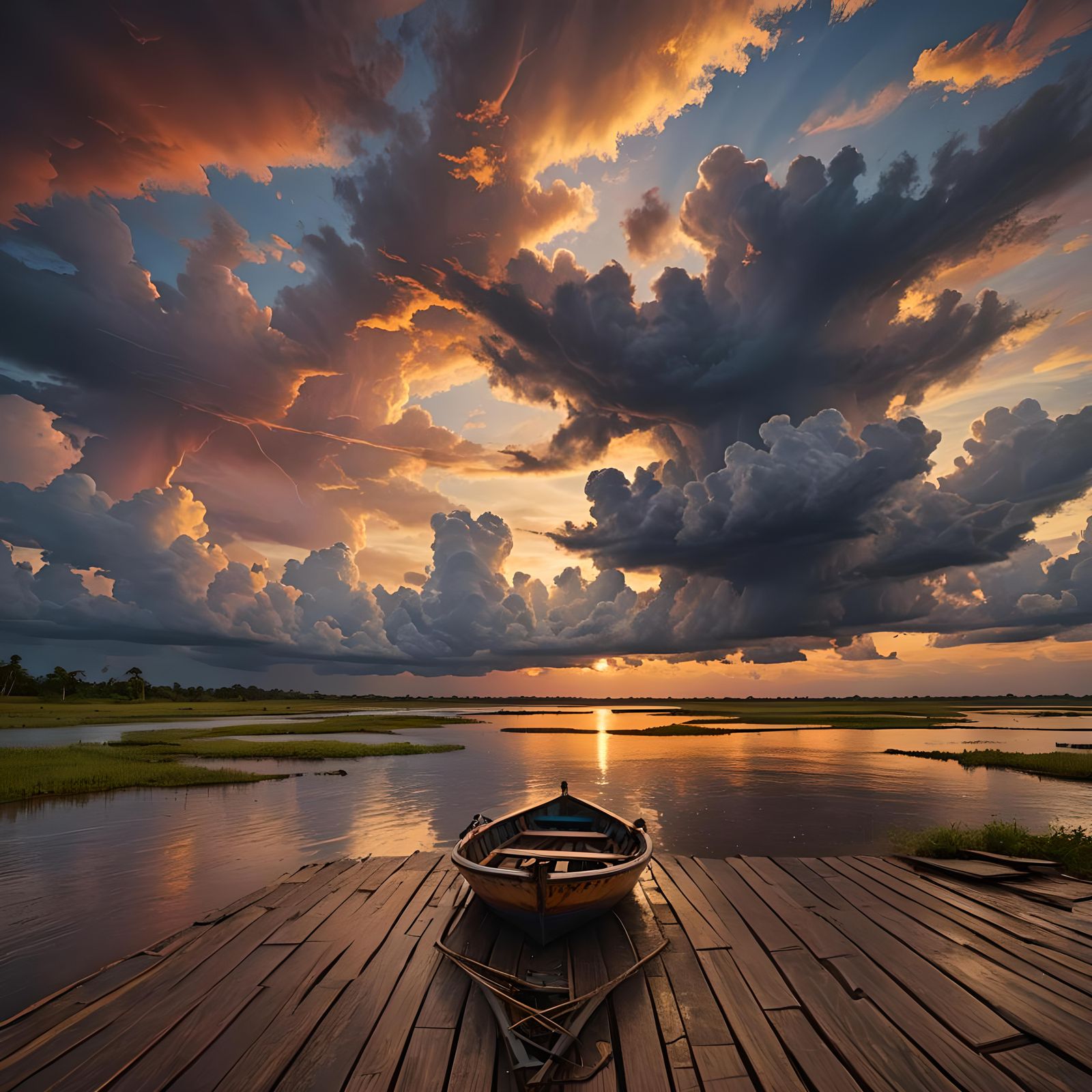 Fishing Boat at Sunset on Orinoco River