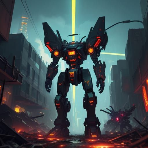 Cyberpunk Mecha Stomps Through a Ruined City in Vibrant Stre...