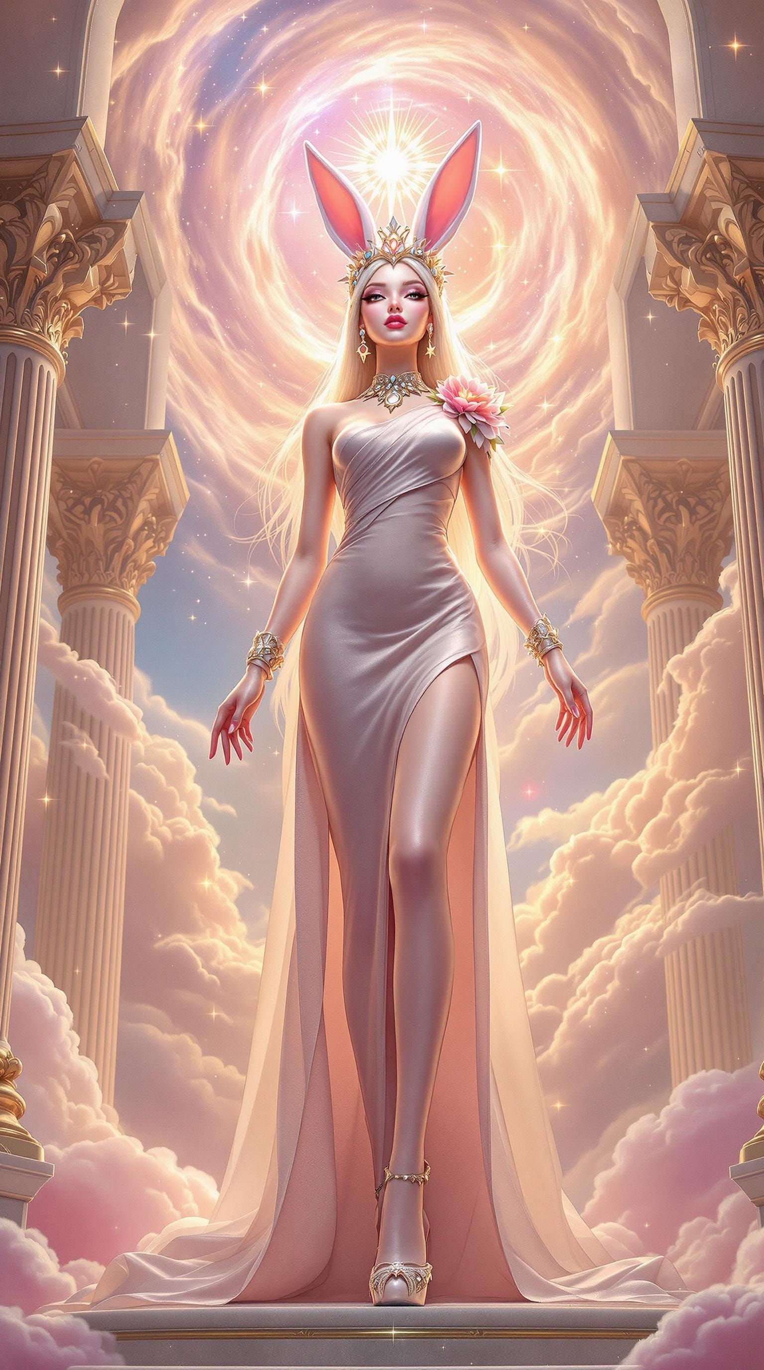 Radiant Bunny Goddess in Futuristic Cyber-Storm